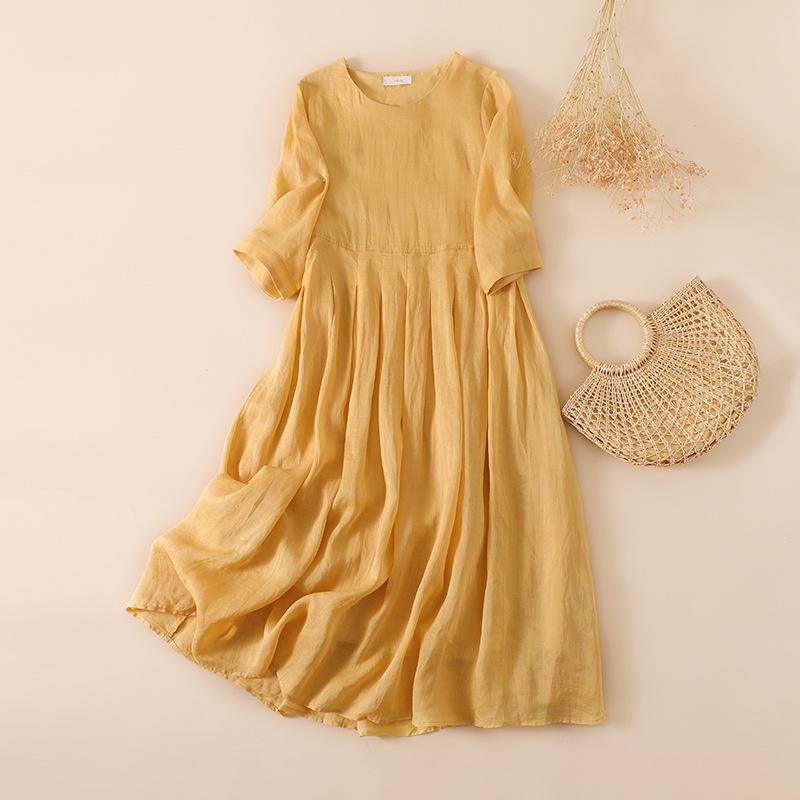 

2025 Elegant Autumn/Winter Long Sleeve Pleated Maxi Dress with Round Neck and High Waist 4XL {75-80 kg} жовтий