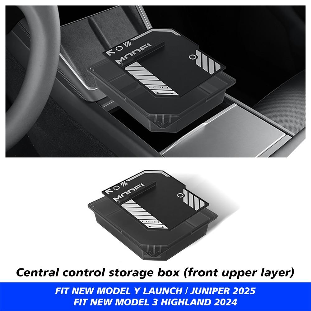Console & Armrest Storage Box For Tesla New Model Y 2025 Juniper Launch ABS with Silicone Non-slip Mat Upper and Lower Watercup