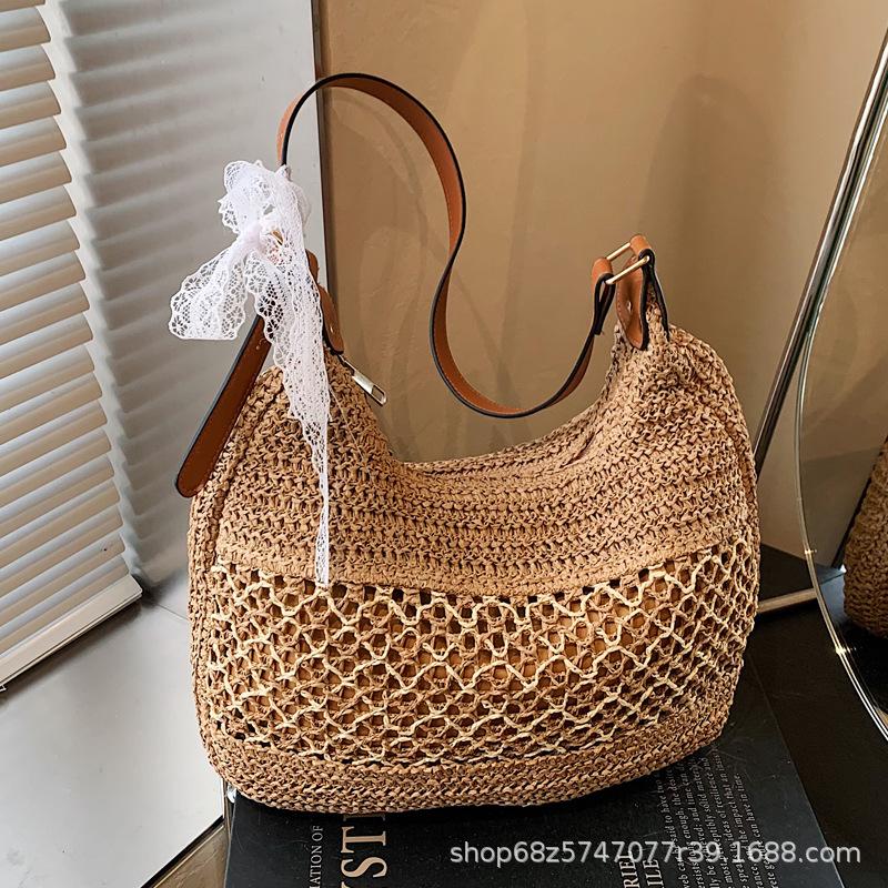 Woven bag women's 2025 spring new fashionable large-capacity beach bag casual simple commuting retro crossbody bag