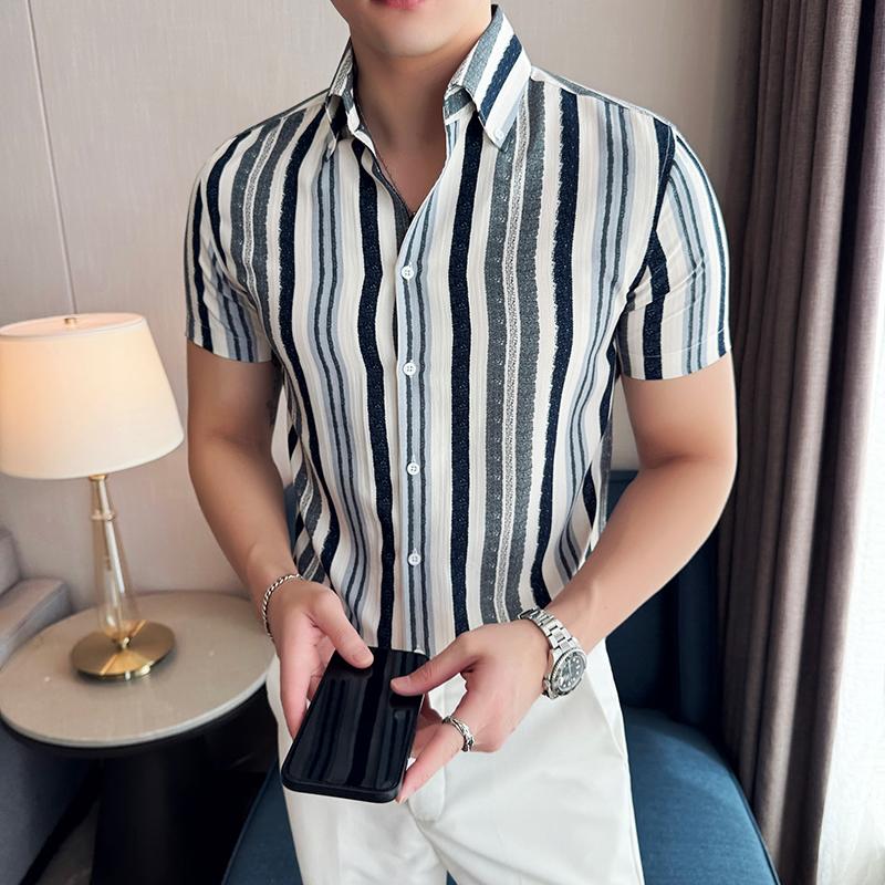 Summer Striped Shirts Men Short Sleeve Slim Fit Casual Shirt Fashion Social Streetwear