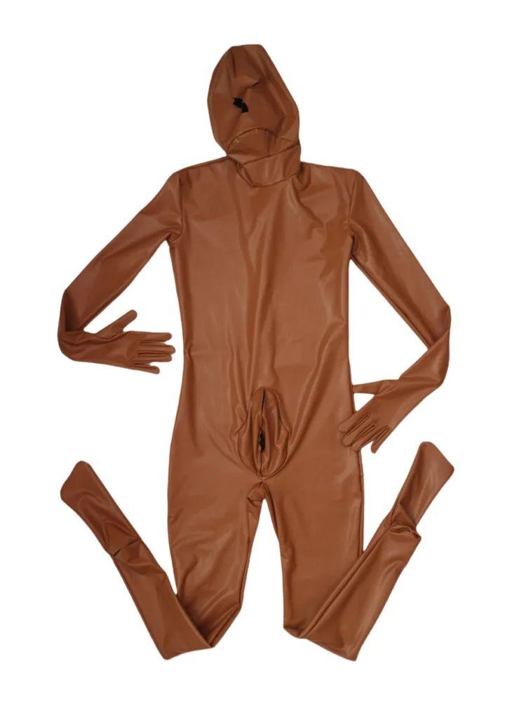 Pu Leather Full Coat Separate Finger Bodystocking Hidden Penis Sheath Zipper Crotch Bodysuit Tights Cosplay Leotard Conjoined