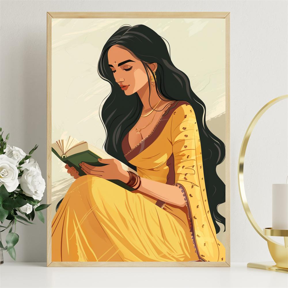 Modern Indian Wall Art Poster Reading Book South Asian Woman Art Prints Brown Girl Art South Indian Art Canvas Painting