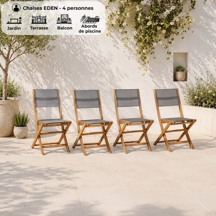 Lot de 4 chaises de jardin pliantes en bois d'acacia FSC - EDEN - Assise textilene - Gris - 58 x 58 x H90 cm