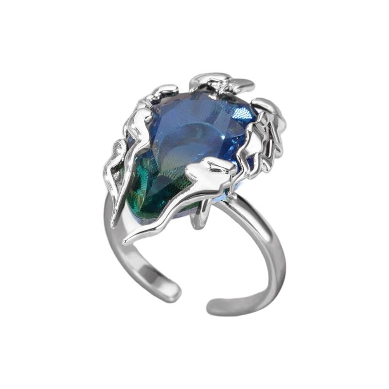 

Adjustable Open Ring With Blue Green Gradient Zirconia Flame Teardrop Design Lightweight Jewelry For Women