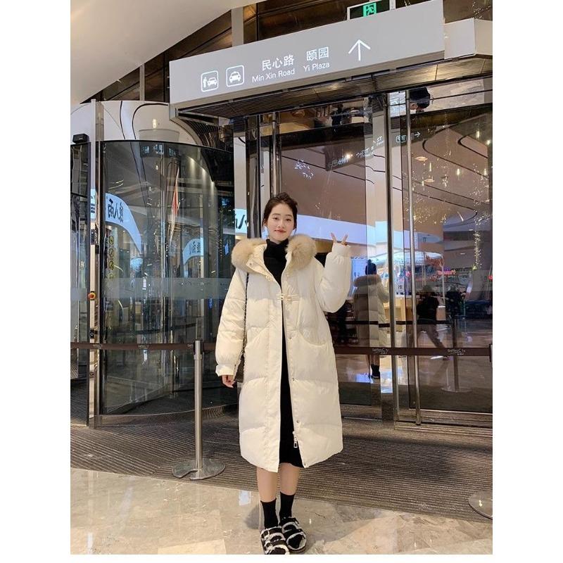 Long Over-the-knee Hooded Down Cotton Coat for Women Winter Big Fur Collar Thick Cotton Coat Trend Parkas Jackets