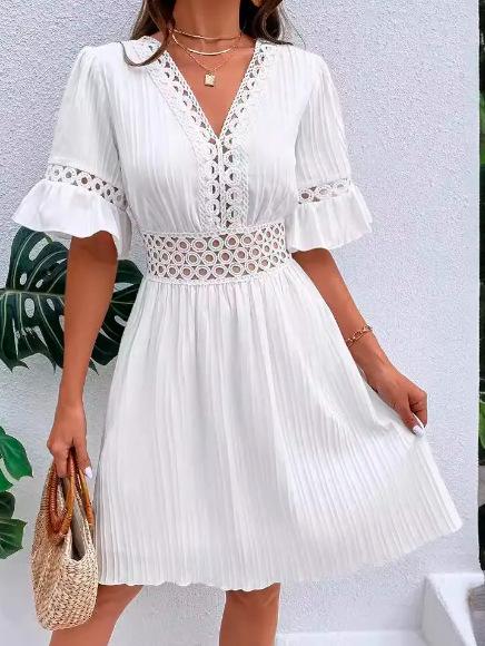 

Women s V-Neck Flared Sleeve Red Dress with Cut-Out Details, Elegant Hollow-Out Waist Design, Fashionable Midi Dress for Casual or Party Wear S білий