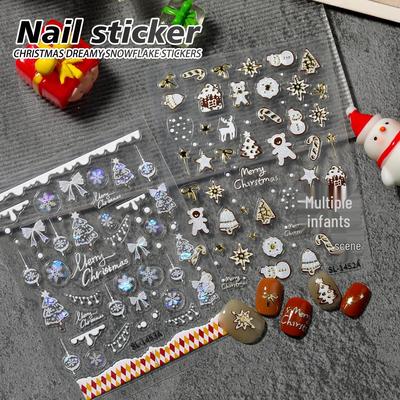 Atmospheric Christmas 3D Snowflake & Reindeer Nail Art Stickers with Adhesive Backing.