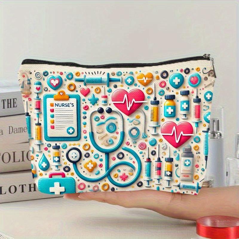 1pc Nurse Survival Kit Makeup Bag Dual-Sided Printed Healthcare Professional Cosmetic Bag with Zipper Portable Travel Organizer