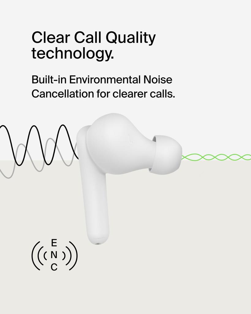Belkin SOUNDFORM Rhythm True Wireless Earbuds Bluetooth 5.3 5.8mm Drivers 30H Playback Call Noise Reduction Fast Charging IPX4 White AUC012btWH