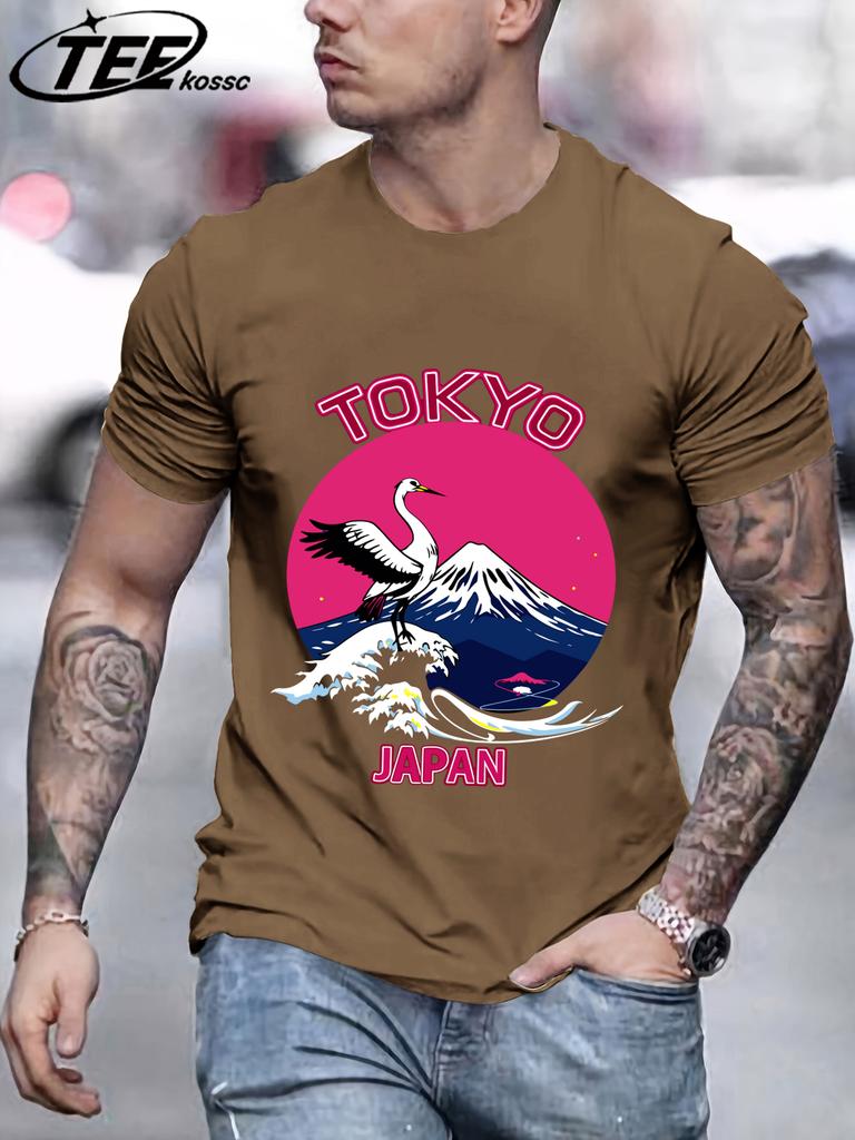 Tokyo Japan Mountain Wave Crane T Shirts Men AllMatch Cotton Basics TShirt Soft Summer Short Sleeve ONeck Loose Casual Top