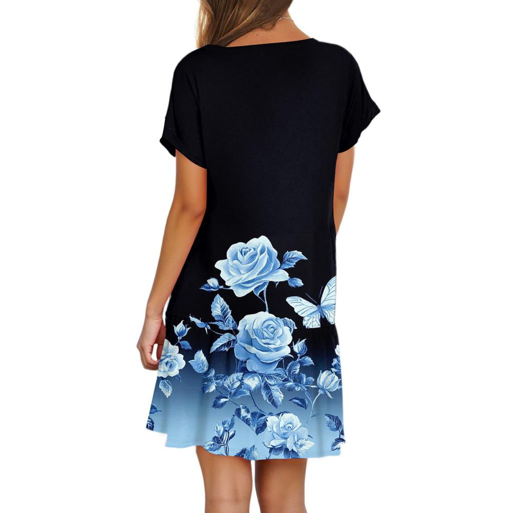 Women's Fashion Casual Round Neck Short Sleeve Ruffle Gradient Printed Dresses