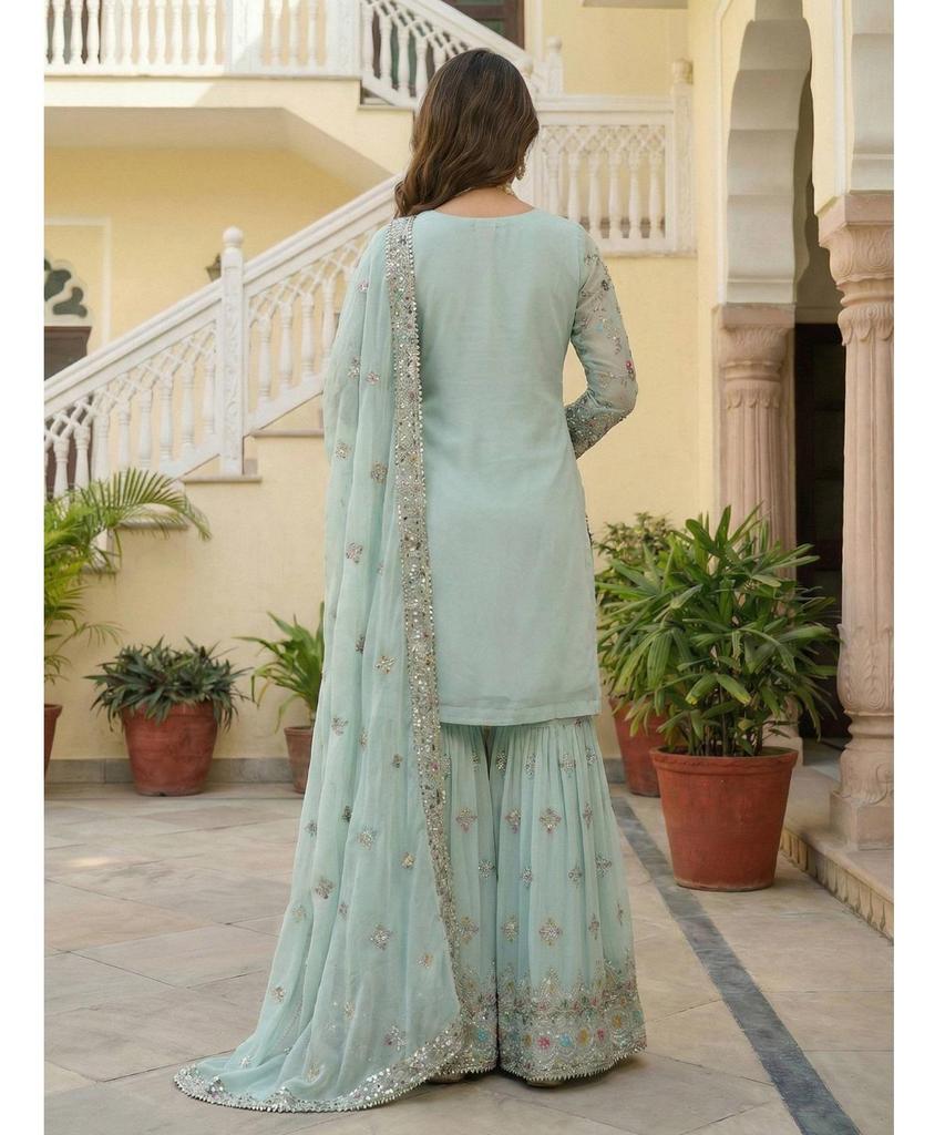 Women Designer Faux Georgette Sharara Salwar Suit Indian Bollywood Party Wear Salwar Kameez