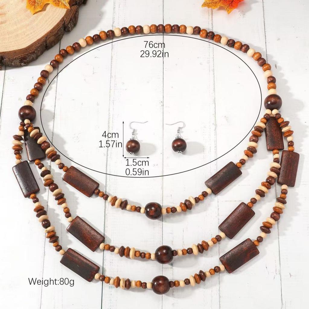 Ethnic Beaded Necklace Women Multi Layer Geometric Wooden Beads Boho Jewelry Premium Simple Versatile Fashion Accessories