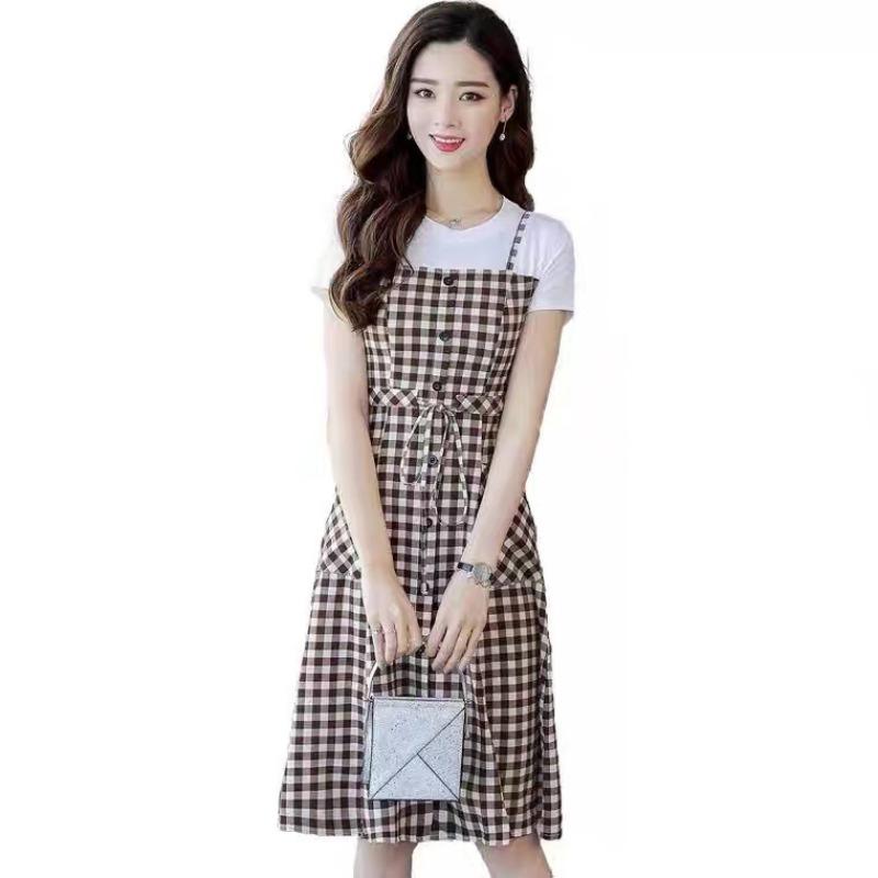 

Suspender Plaid Dress Women s Summer New Slim Fit and Thin Waist Medium and Long Casual Fake Two A-shaped Skirt M чёрный