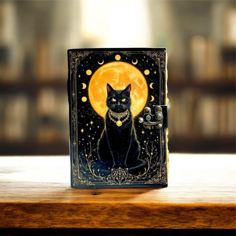 Mystic Black Cat Moon Journal | Gothic Grimoire Diary | Witchy Spell Book | Handmade Lock Journal