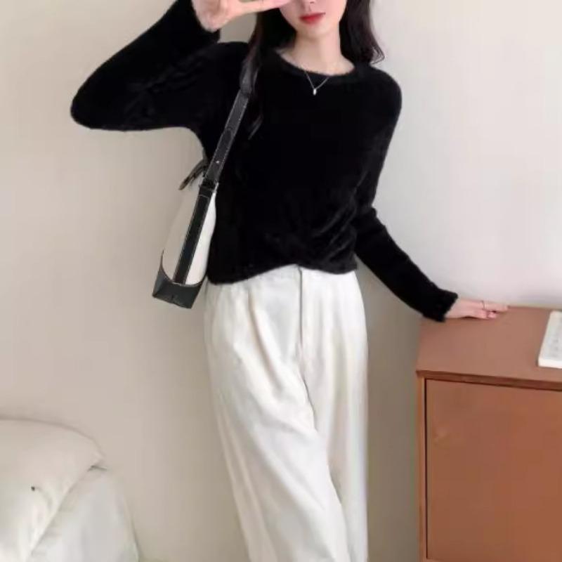 Autumn and winter new fashion kink crew neck knitted pullover sweater women's versatile solid color sweet and thin knitted top women