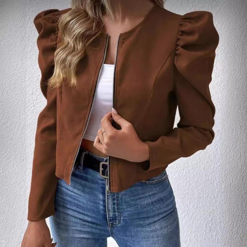 New Spring Autumn European American Solid Color Round Neck Zipper Puff Long Sleeve Jacket for Women