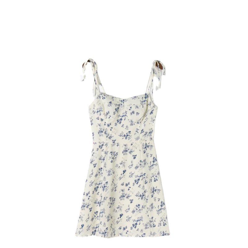 YPFF Summer French-Style Petite High Waist Floral Camisole Dress with Tie Shoulders