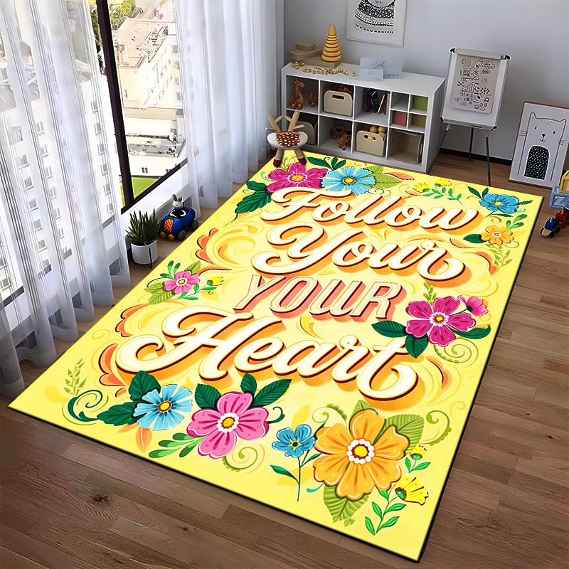 Follow Your Heart Carpet with Colorful Floral Design On Yellow Suitable for Use As an Anti-slip for Living Room Bedroom Sofas