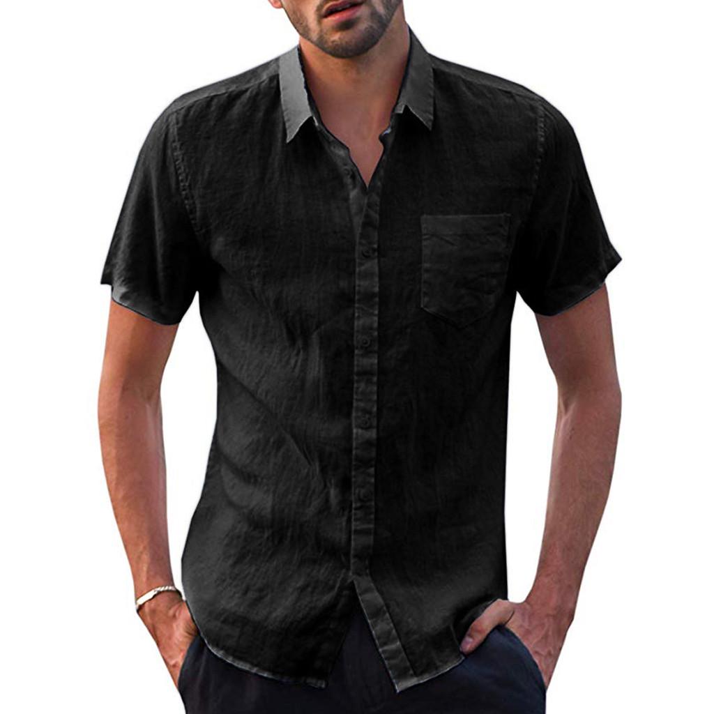 

Мужские мешковатые хлопковые льняные однотонные футболки с короткими рукавами и пуговицами в стиле ретро, ​​топы, блузки XXXL чёрный