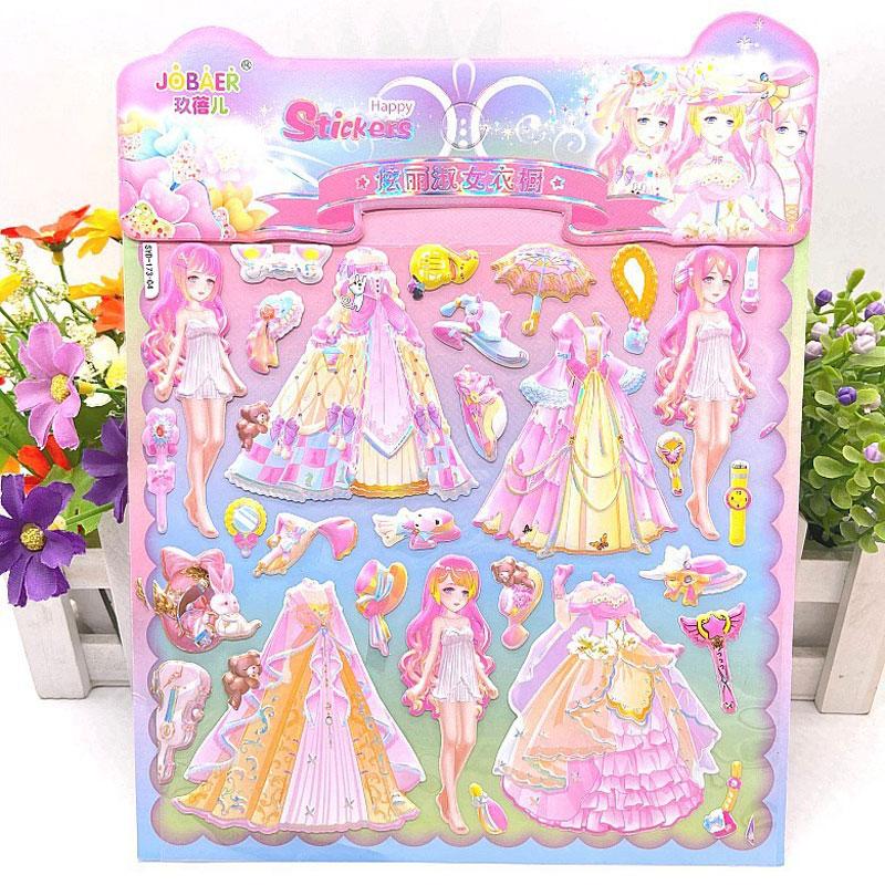 6Pcs 3D Princess Dress Up Stickers For Girls Diy Educational Toys Children Kids Birthday Party Classic Gifts