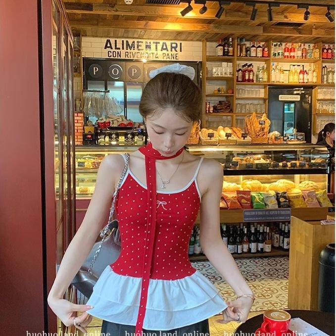 Elegant Halter Polka Dot Pleated Cami Top - Spring 2025 Waist-Hugging Style