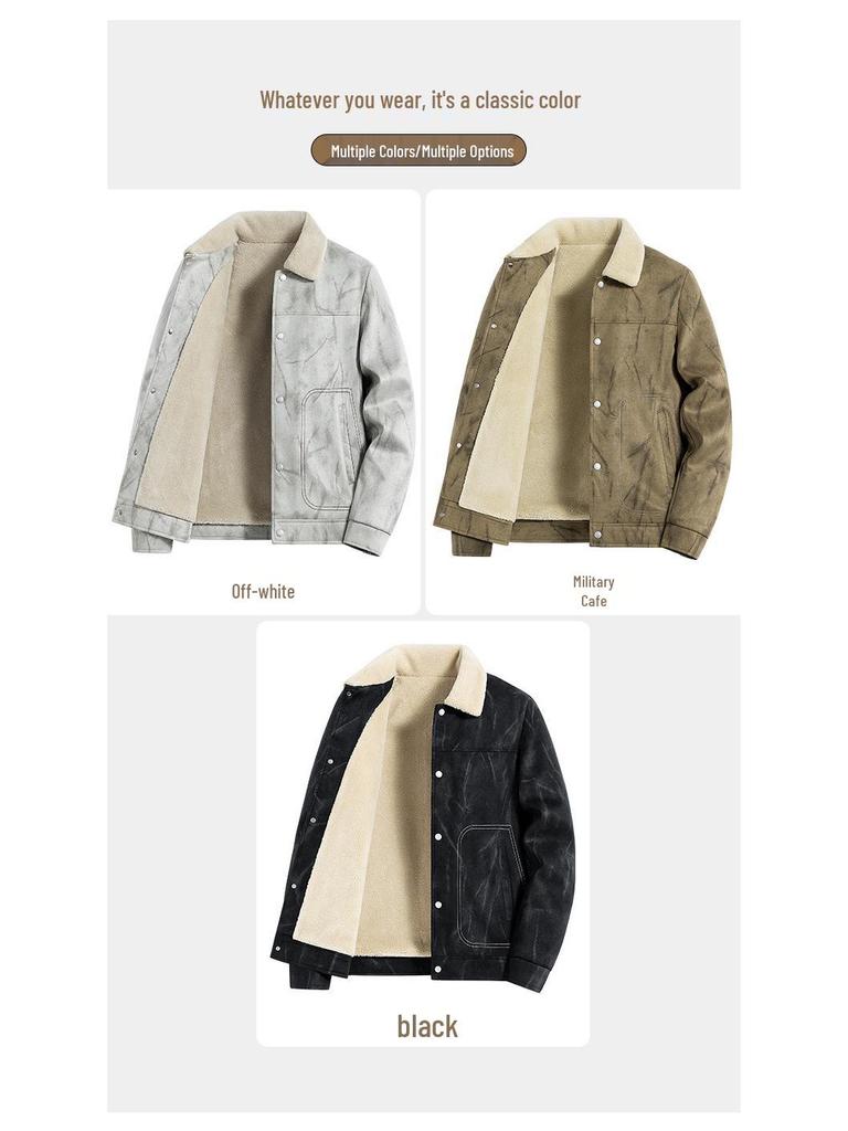Men's Plush Fleece-Lined Suede Lapel Jacket: Business Casual, Versatile, Loose-Fit, Fashionable, Comfortable.