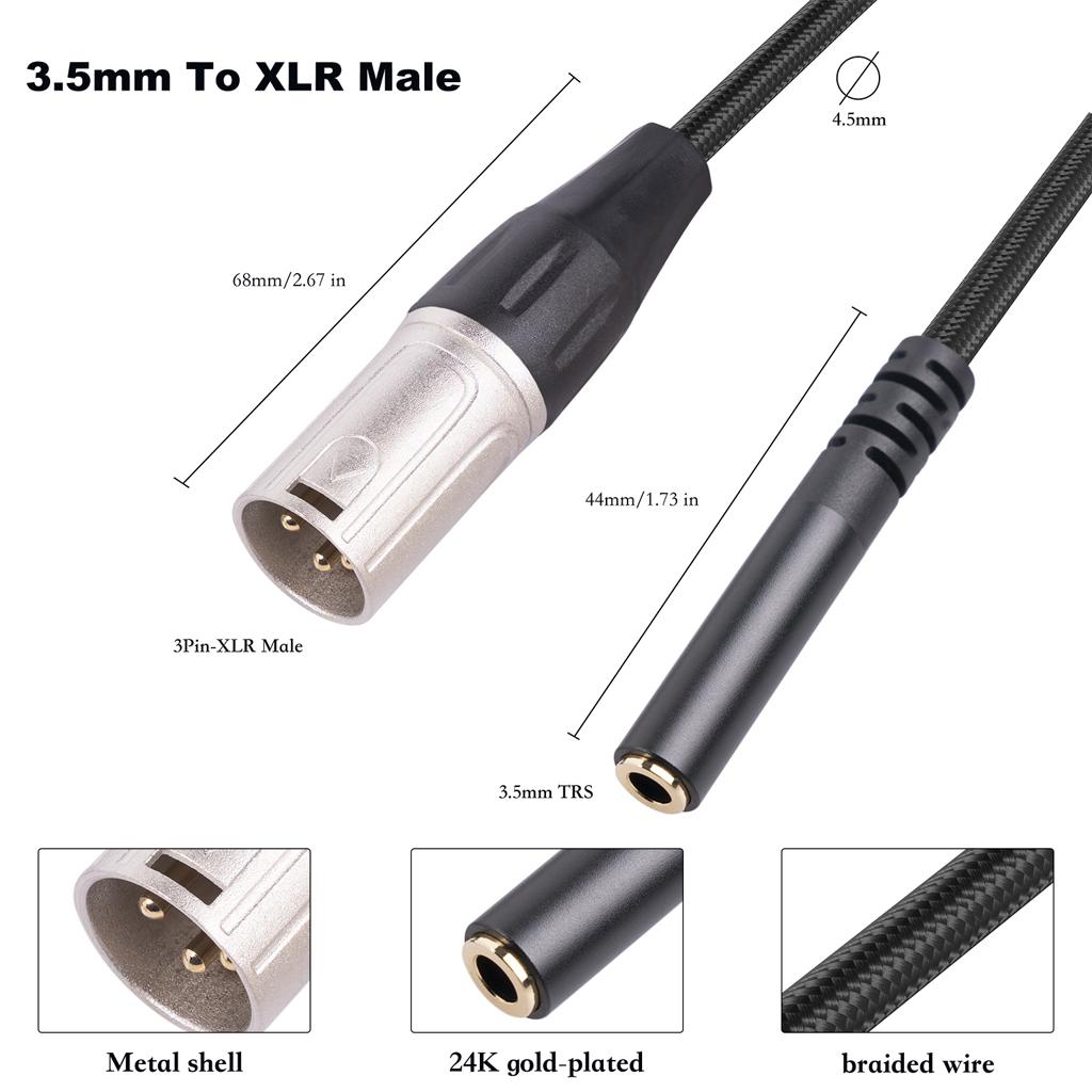 3.5mm To XLR Cable, 1/8 Inch Stereo To 3 Pin XLR Male Cord Adapter Connector, Balanced Male XLR To 3.5mm Female
