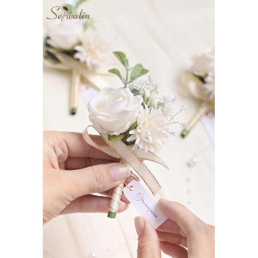 Serwalin 2 Pcs White Boutonniere for Men, Groom Groomsmen Best Man Guest Boutonnieres, Artificial Flowers Silk Rose for Wedding Prom Ceremony
