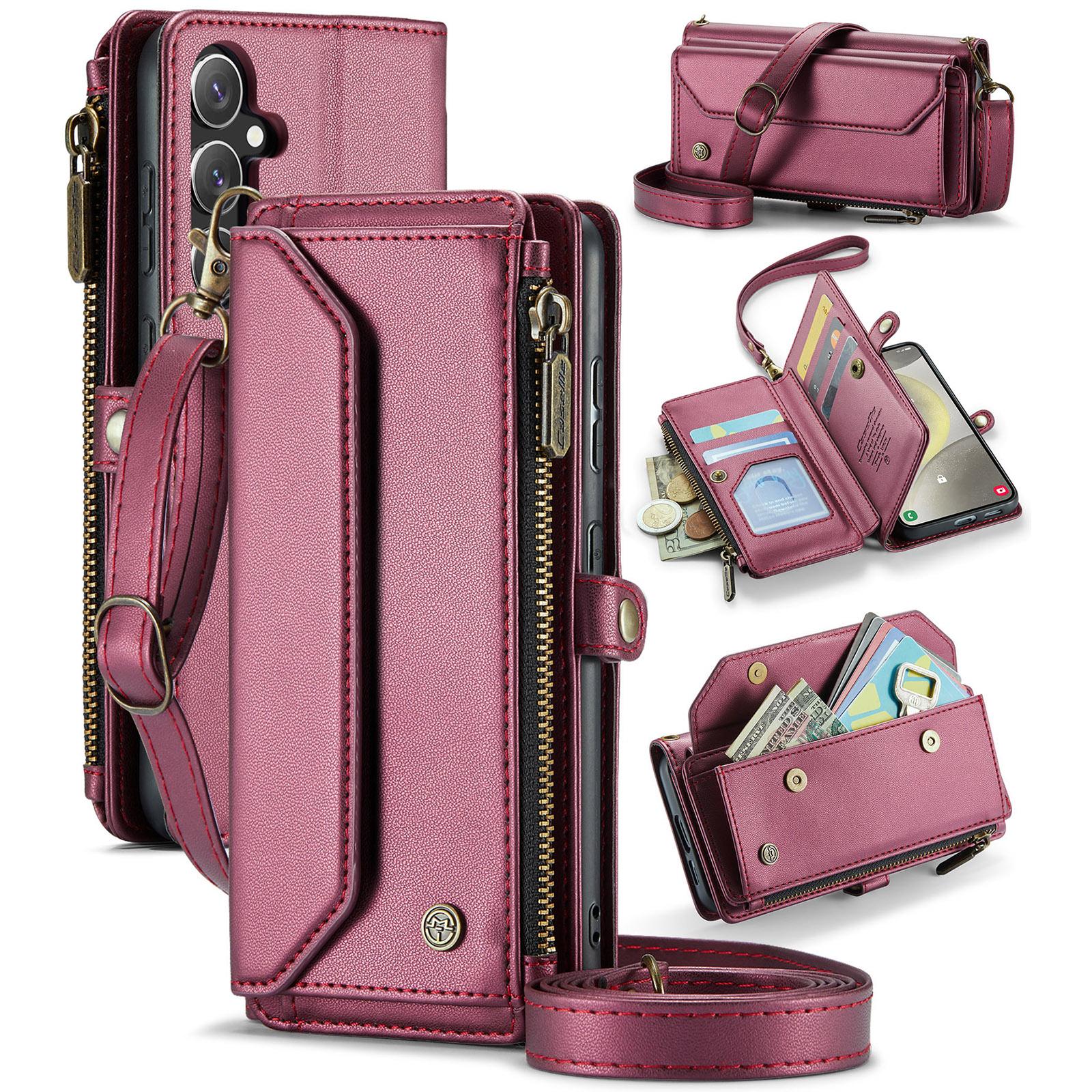 

For Samsung Galaxy S24+ Leather Case CASEME C36 Zipper Multiple Card Slots Phone Cover with Straps Wine Red