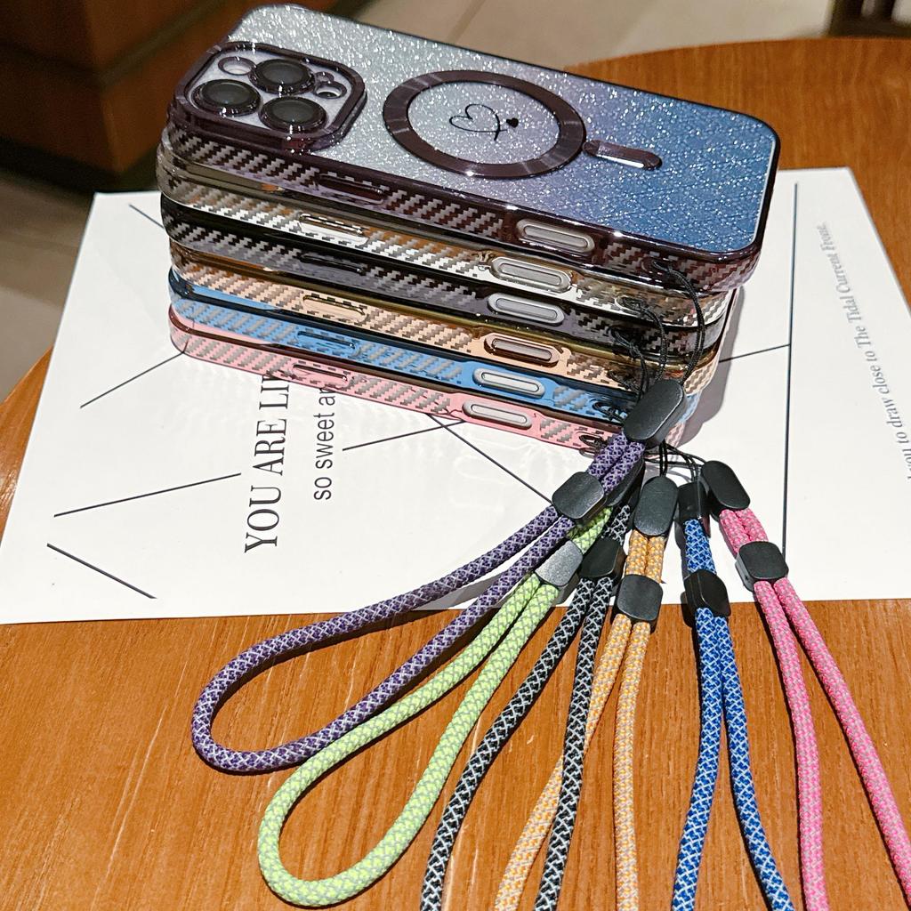 Lanyard Magnetic Gradient Color Glitter Bling Camera Lens Protect Bumper Phone Case For iPhone 17 Air 16 15 Pro Max Samsung S25 S24 Protective Cover