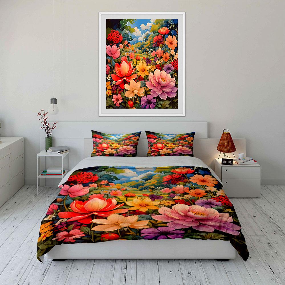 Colorful Floral Print Set Decor Soft Skin-Friendly Bedding Set Includes 1 Duvet Cover And 2 Pillowcase Gift