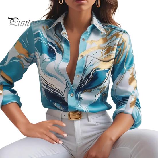 

Женская рубашка с лацканами и длинным рукавом, однобортная рубашка с принтом, весна-осень, блузка в пригородном стиле XL
