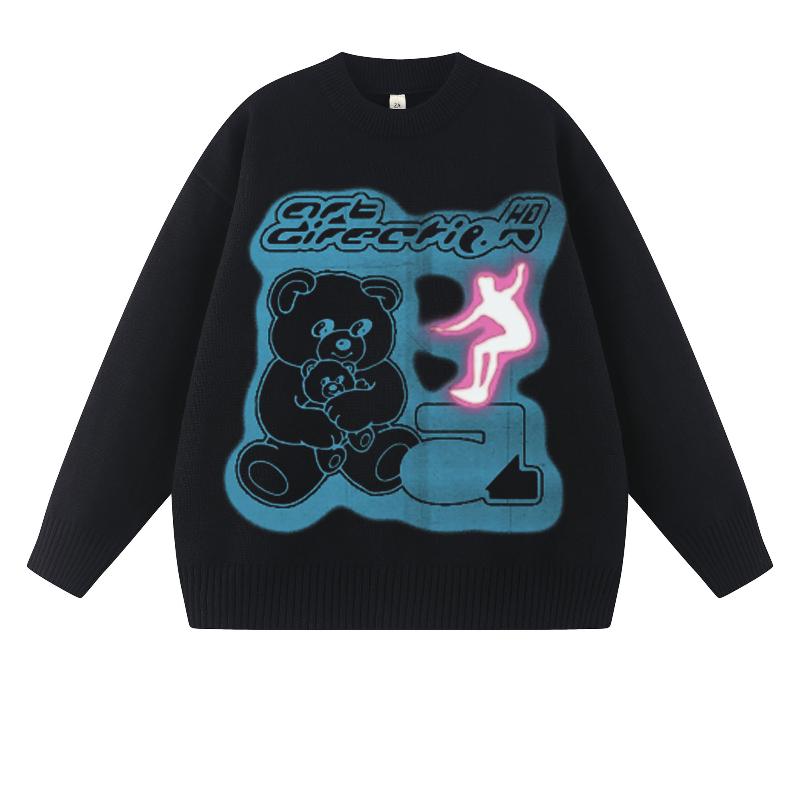 

Y2K Медведь Мультфильм Печатный Уличная Одежда Женский Теплый Свитер S чёрный