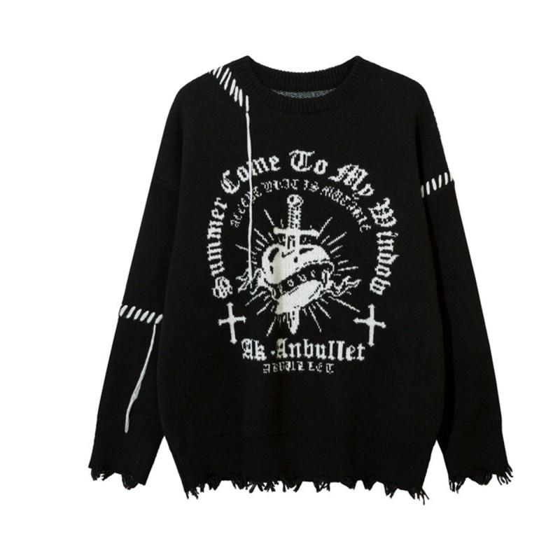 Dark Academia Knit Sweater With Cross Motif Distressed Fringe Loose Fit Warm Fleece-Like Acrylic Pullover Teens