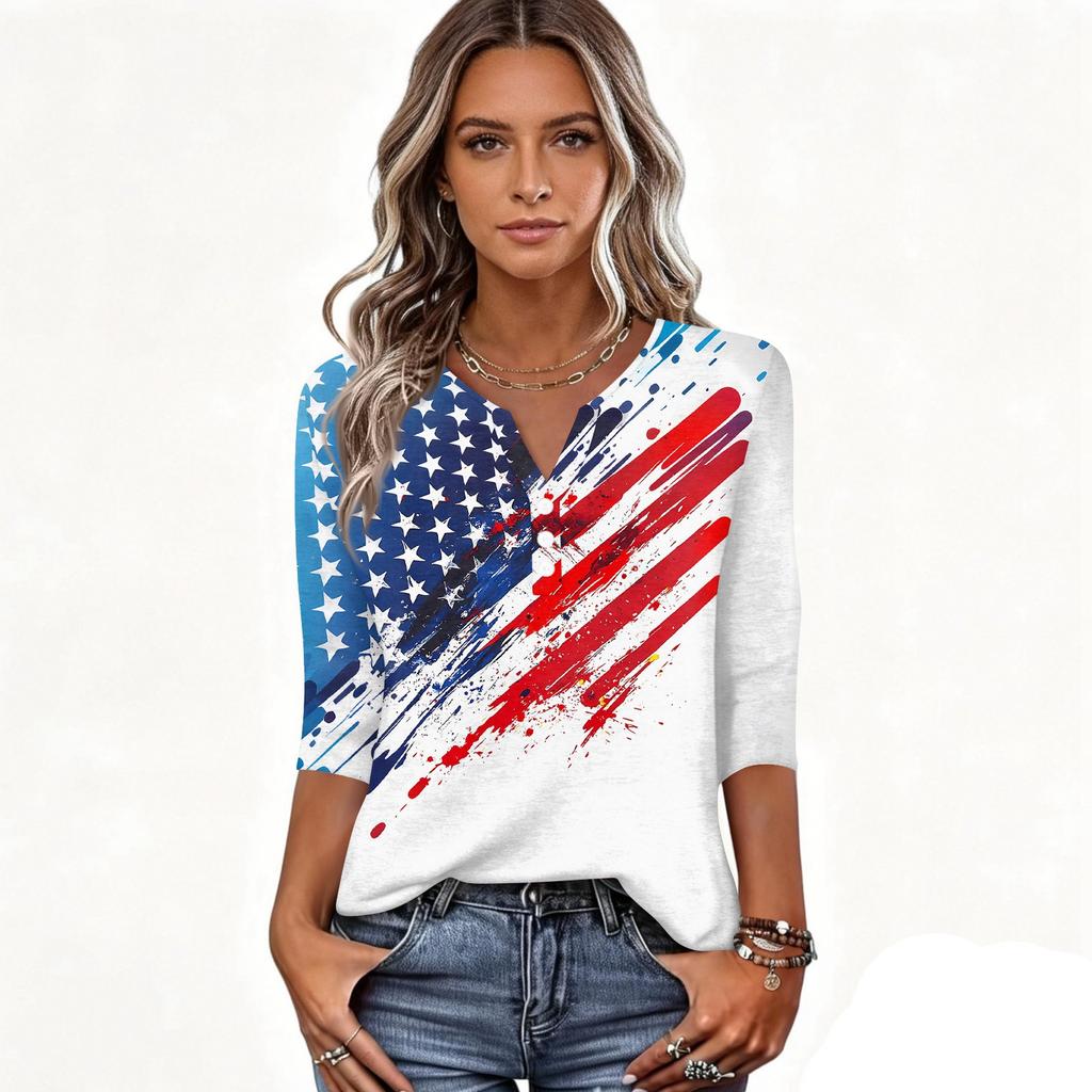 Women's T Shirt Independence Day Print Button 3/4 Sleeve Daily Weekend Fashion Basic V- Neck Regular Top