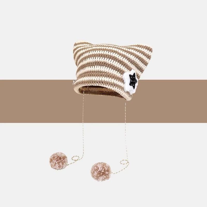Abbey wind cat ears hat women's autumn and winter yk striped knitted hat cute warm pullover wool hat