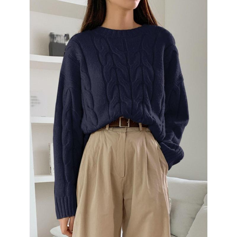 Casual simple knitted pullover autumn and winter women's twist loose round neck solid color versatile sweater women