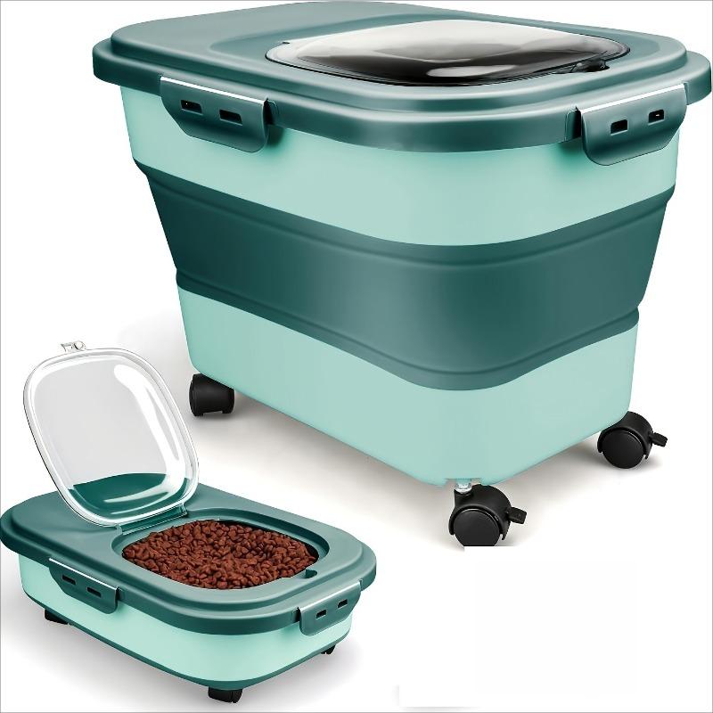 Opvouwbare luchtdichte huisdiervoerbak met wielen, inhoud 2,5–13,5 kg voer, vochtbestendig, ook geschikt voor het bewaren van granen en meel.