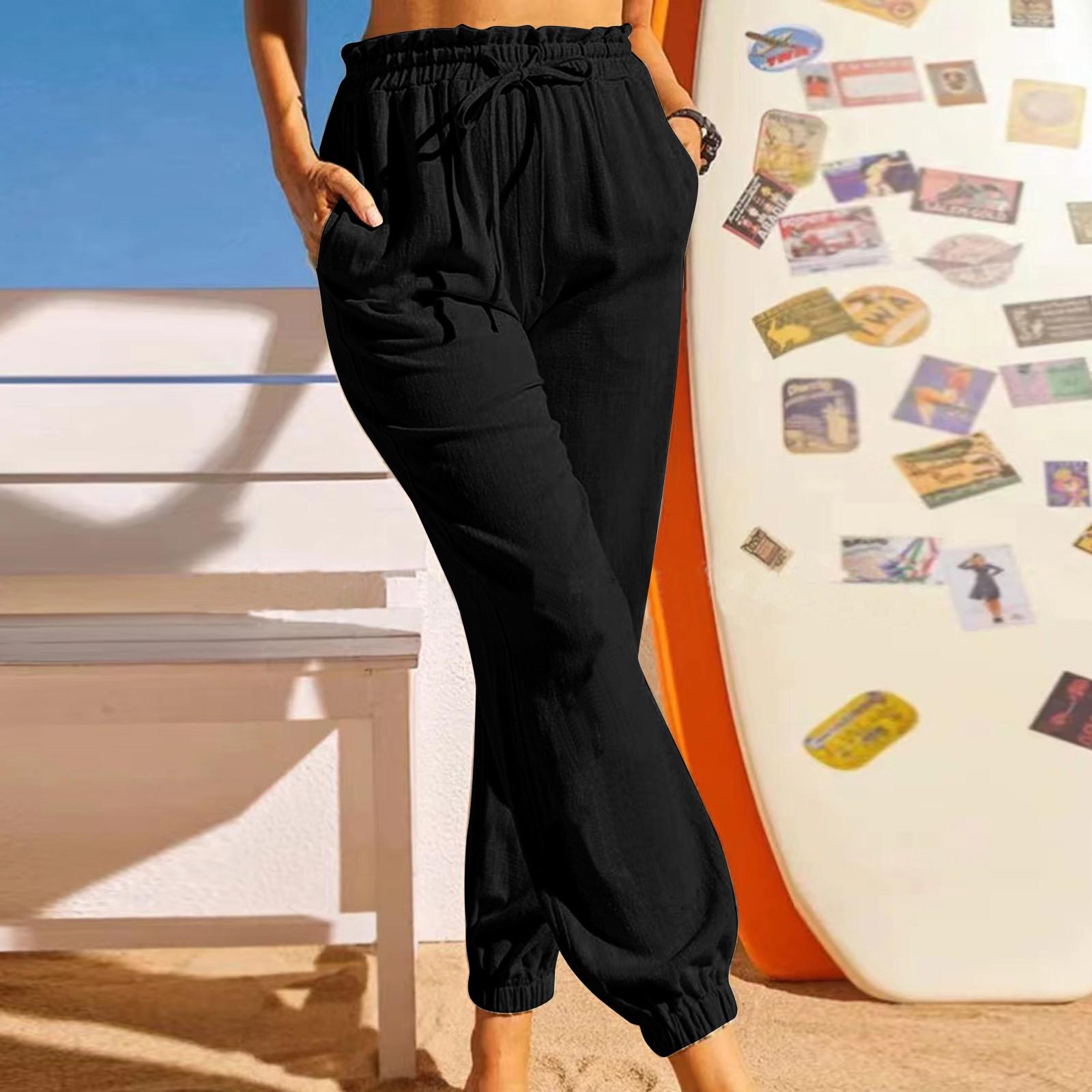 Fashion Women Colours Hemp And Cotton Ruffle Drawstring Leggings Elasticated Casual Pants XXL
