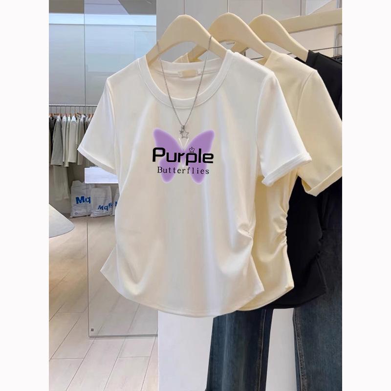 

Petite Hot Girl Slim Short-Sleeved T-Shirt - Trendy Tight Summer Top for Women XL [120-130 lbs]