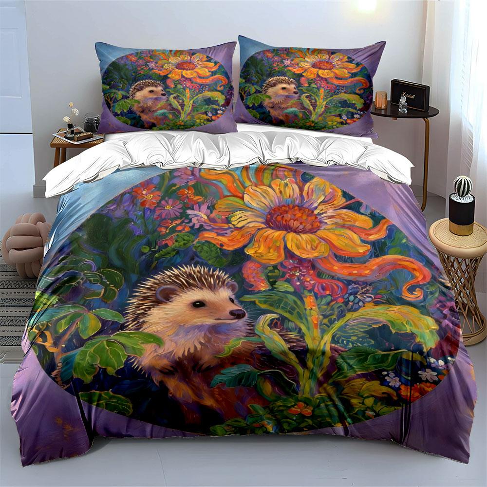 Floral Hedgehog Art Set Soft Comfortable Duvet Cover Bedding Set Included 1*Duvet Cover & 2*Pillowcases, Gift