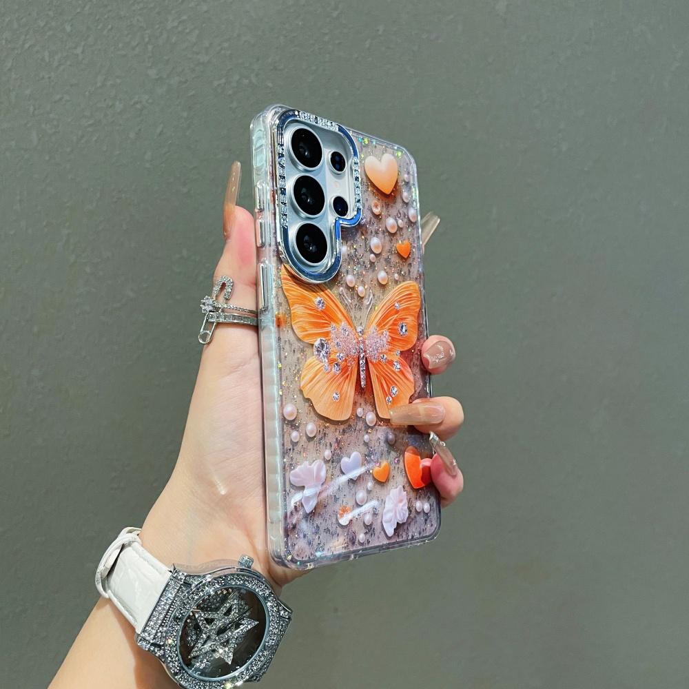 S26 Ultra  Glitter Butterfly Love Phone Case For Samsung Galaxy S26 S2 S24 Plus S23 Ultra Hard PC Bing Cover Shell