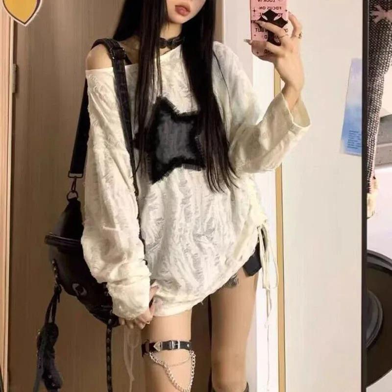 Y2K Hole Star Print T-Shirt Women Fashion Streetwear Off Shoulder Tops Summer Oversized Kpop Long Sleeve Loose Tees Ladies