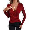 Spring and Autumn Women's Blouse Long-sleeved V Neck Asymmetric Three Buttons Sexy Elegant Wind Solid Colour Slim Top
