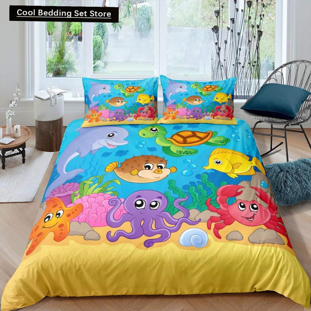 Kids Cartoon Ocean Animal King Queen Bedding Set Underwater World Duvet Cover Marine Life Quilt Cover Polyester Comforter Cover