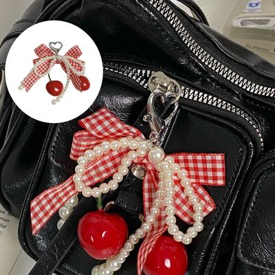 Cherry Plaid Bowknot Keychain With Pearl Lace Accents Durable Metal And Fabric For Bag Charms Gift