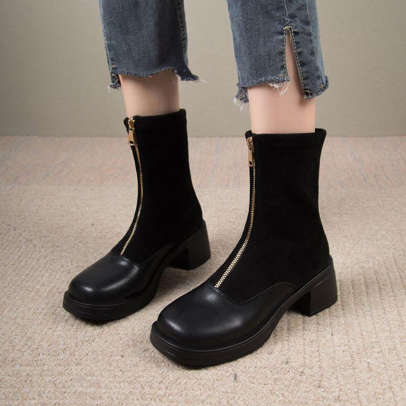 Fashion Heeled Women's Ankle Boots Round Toe Zipper Female Short Shoes Autumn Winter Black Booties Designer Luxury High Quality Footwear