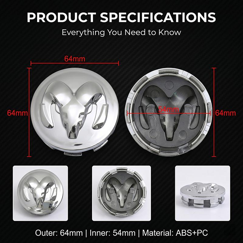 4 Stück 64mm Radnabenkappen Ersatz Radnabenemblem für Dodge Durango Challeager NITRO SRT Charger Journey Ram 1500