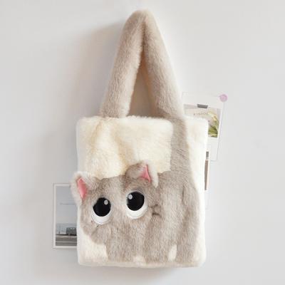 New Autumn Winter Soft Plush Women's Handbags Creative Cat Cartoon Embroidery Contrasting Color Splicing Tote Bag Large Capacity Ladies Crossbody Bags